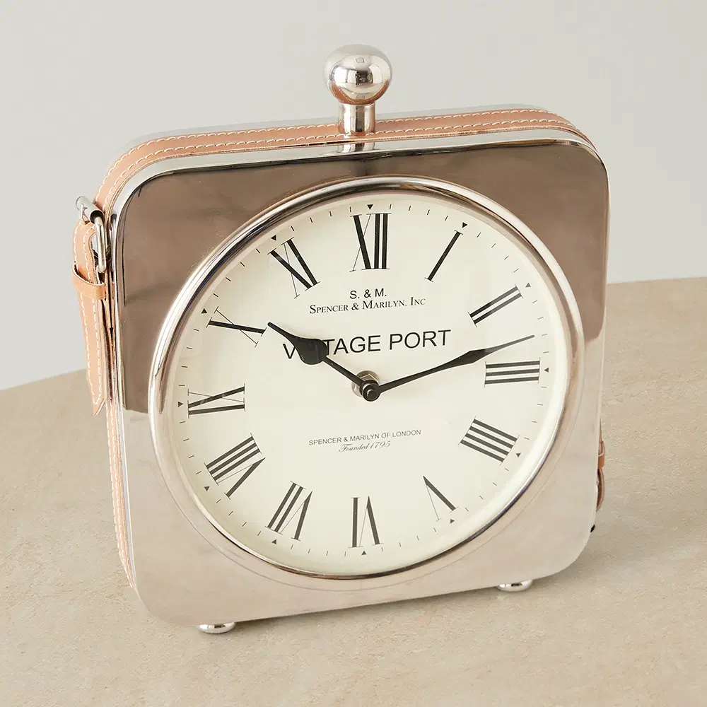 Tik Tok Silver Table Clock -Tan Leather Strap