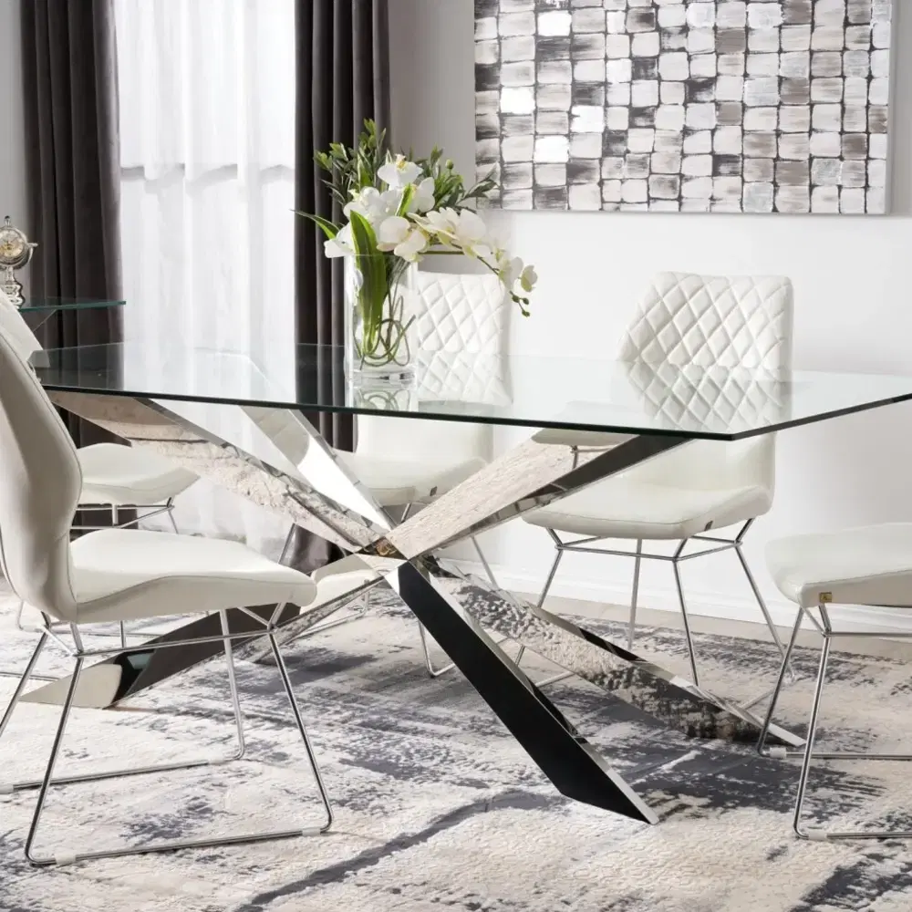 Lena Polished Stainless Steel Dining Table - Glass Top 