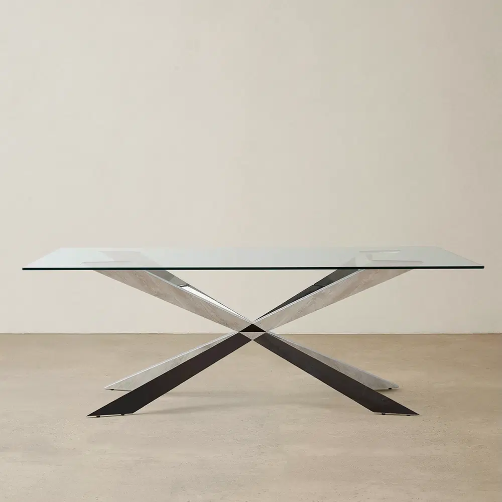 Lena Polished Stainless Steel Dining Table - Glass Top 