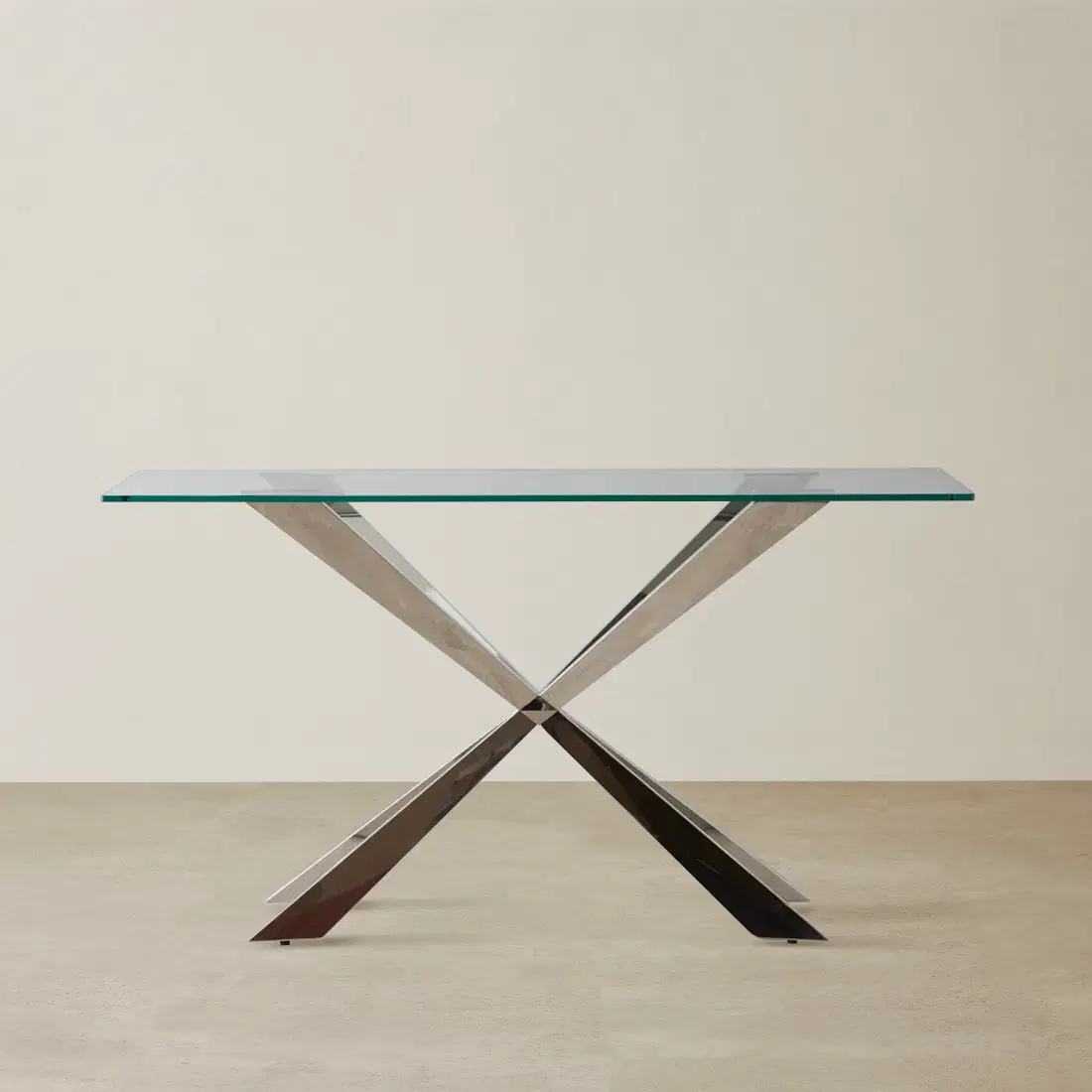 Lena Polished Stainless Steel Console Table - Glass Top