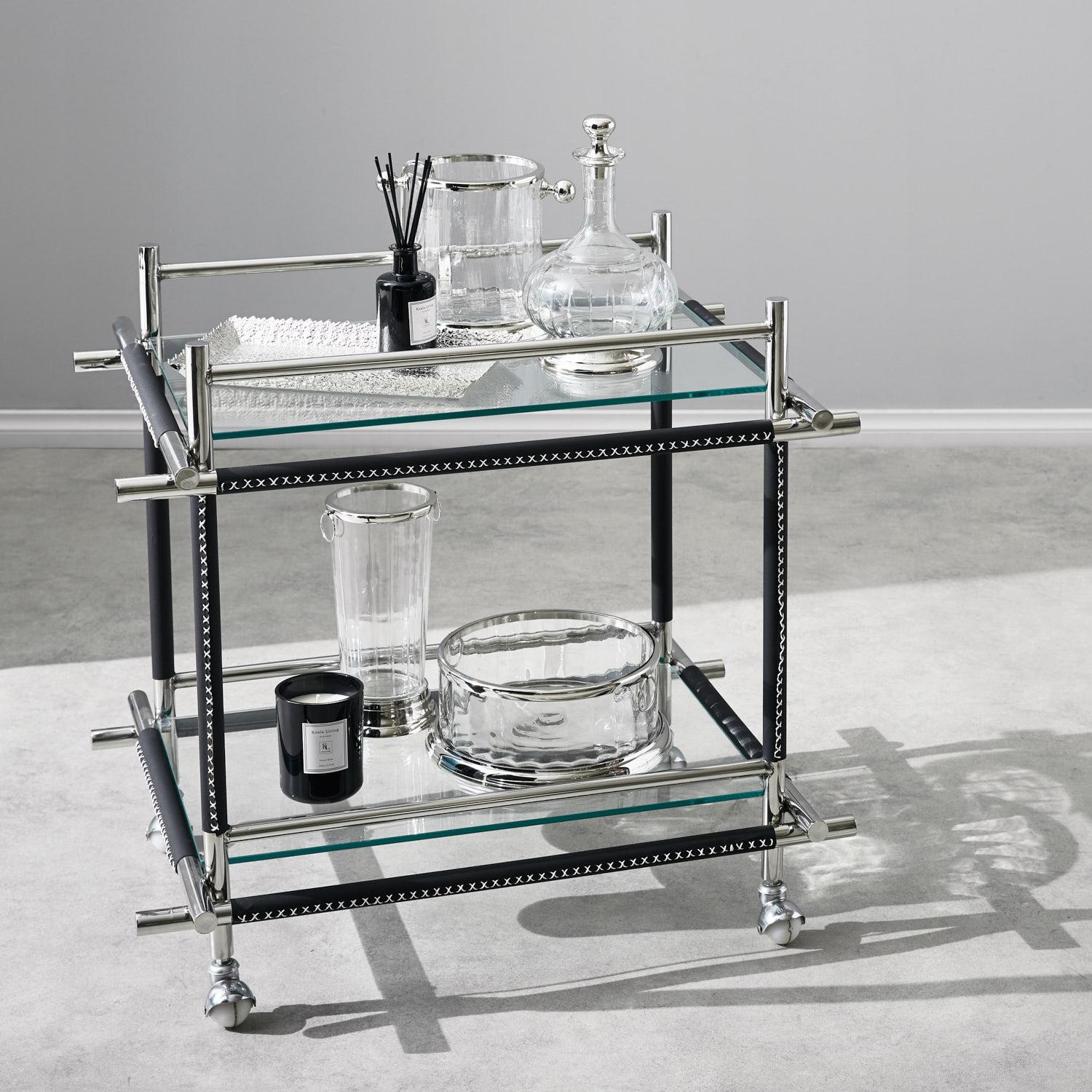 Benson Glass Buttlers Trolley - Black Vegan Leather Trim