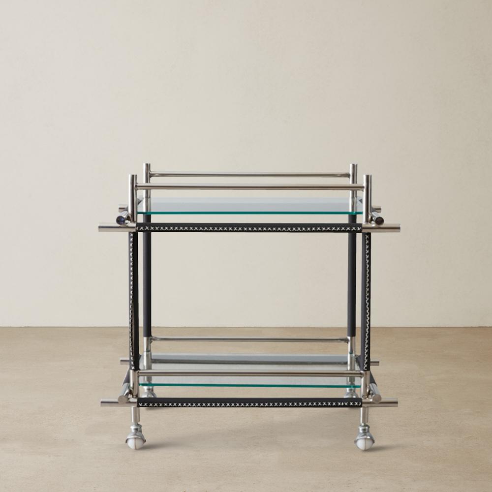 Benson Glass Buttlers Trolley - Black Vegan Leather Trim