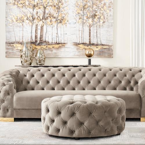 Kelly Beige Velvet 3-Seater Sofa - Gold Legs
