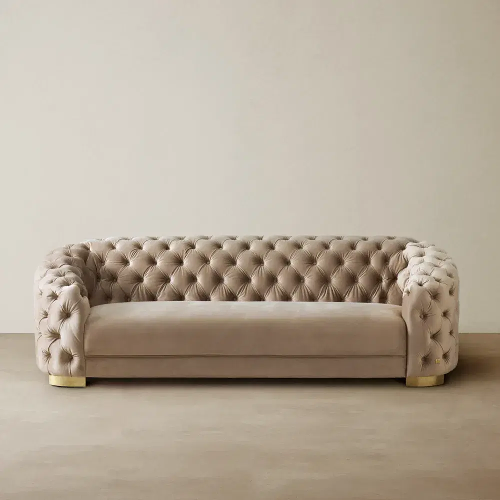 Kelly Beige Velvet 3-Seater Sofa - Gold Legs