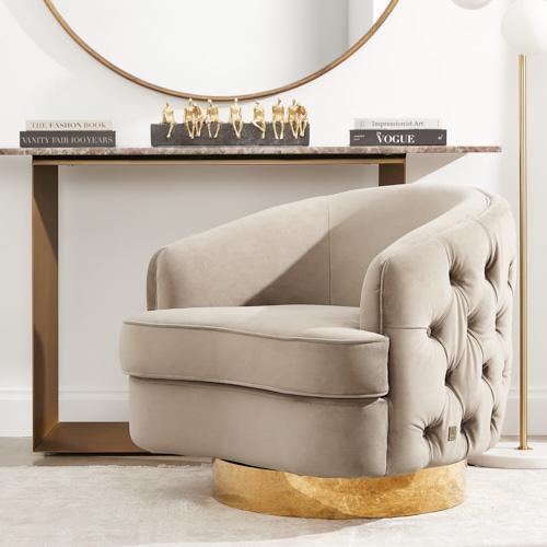 Kelly Beige Velvet Swivel Chair - Gold Leg