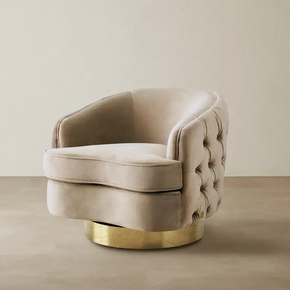 Kelly Beige Velvet Swivel Chair - Gold Leg