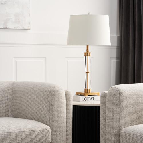 Nela Crystal and Brushed Bronze Metal Table Lamp - White Linen Lamp Shade