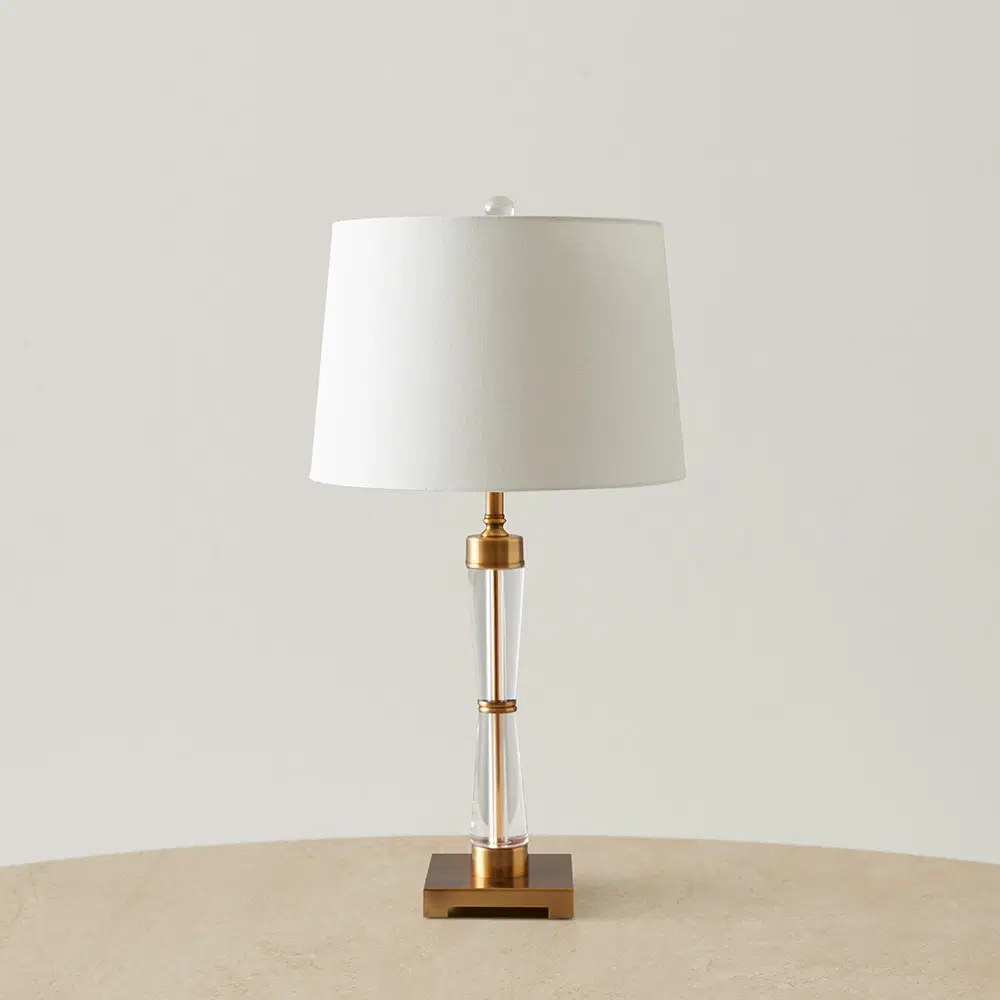 Nela Crystal and Brushed Bronze Metal Table Lamp - White Linen Lamp Shade