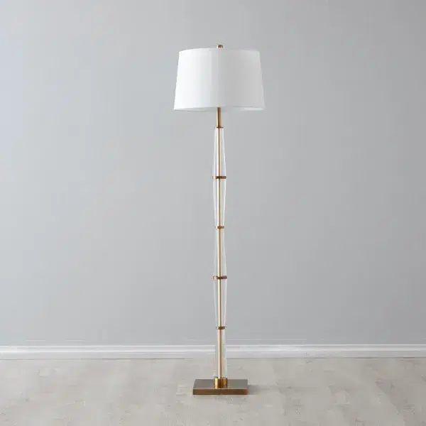 Nela Crystal and Brushed Bronze Metal Floor Lamp - White Linen Lamp Shade