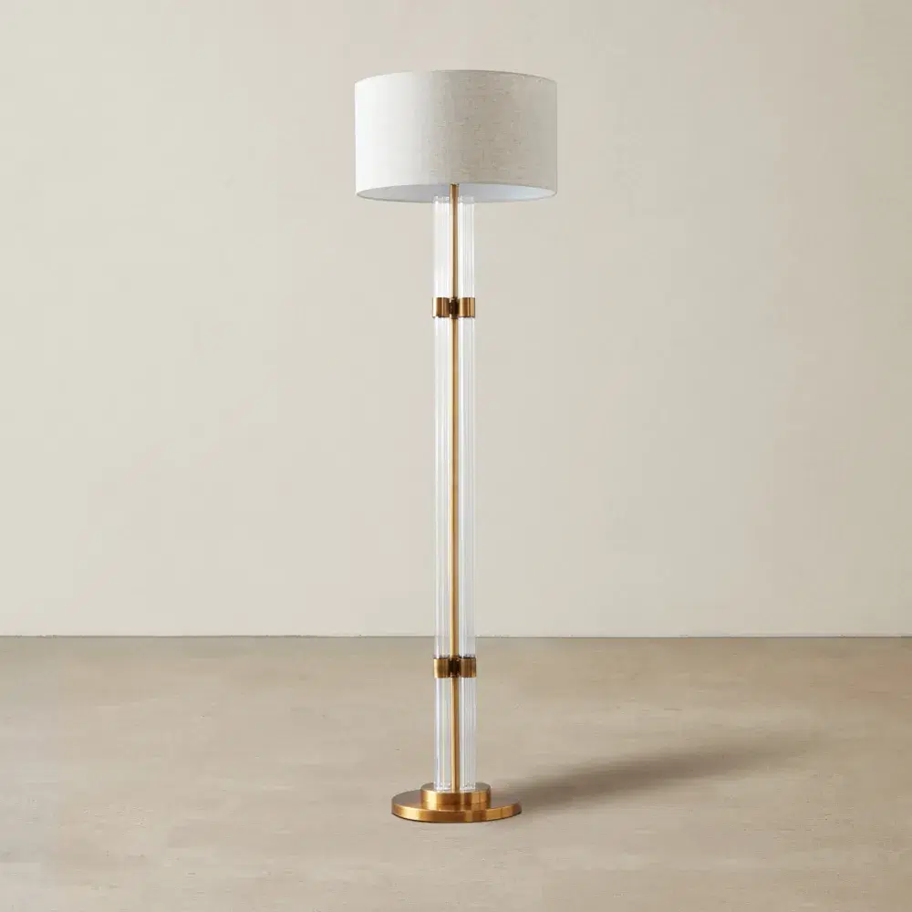 Wilton Brushed Bronze Metal Floor Lamp - White Linen Lamp Shade