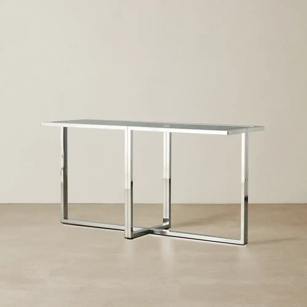 Titus Stainless Steel Console Table  - Smoke Green Glass Top