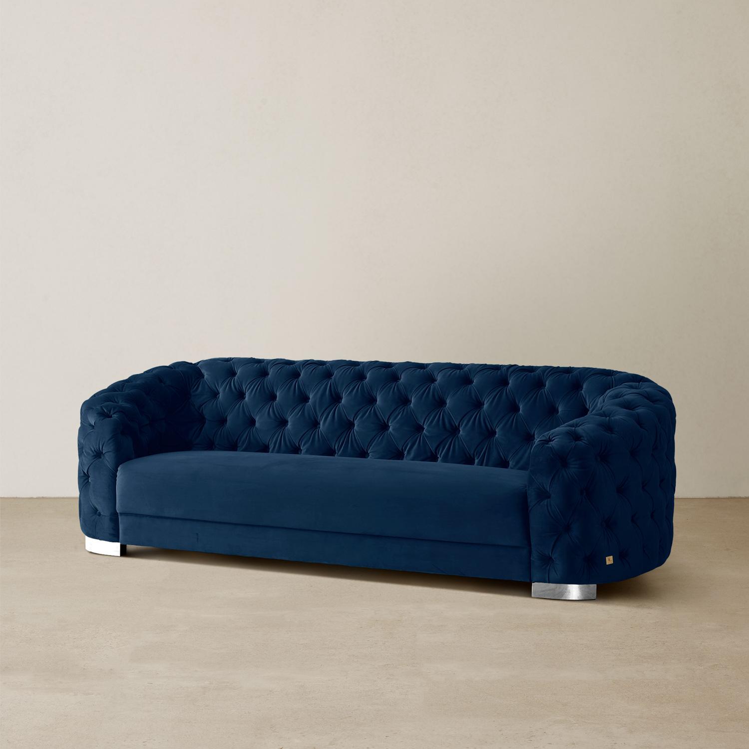 Kelly Navy Blue Velvet 3-Seater Sofa - Silver Legs