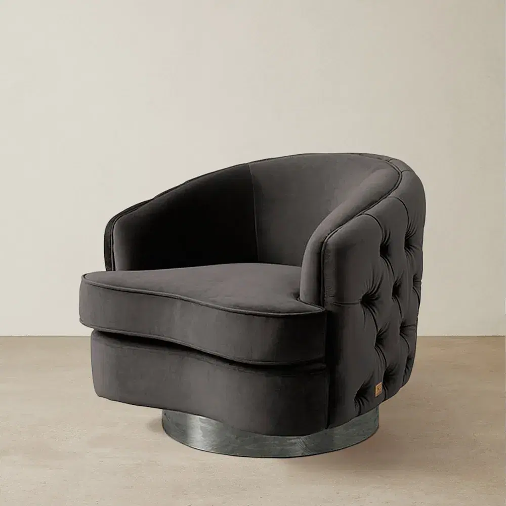 Kelly Charcoal Velvet Swivel Chair - Black Nickel Leg