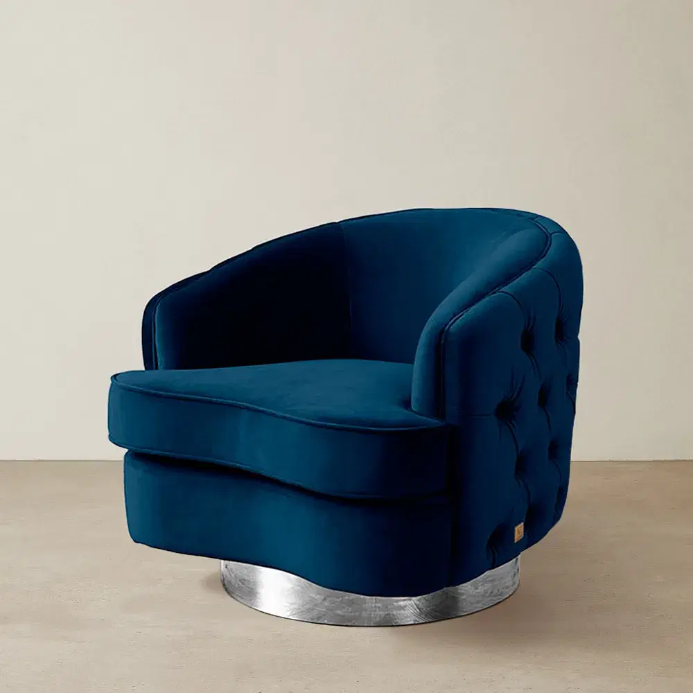 Kelly Navy Blue Velvet Swivel Chair - Silver Leg