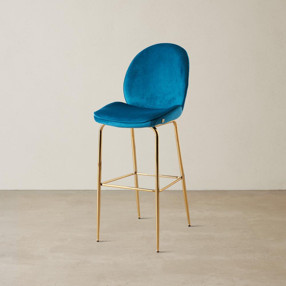 Betty II Peacock Blue Velvet Bar Stool - Gold Legs
