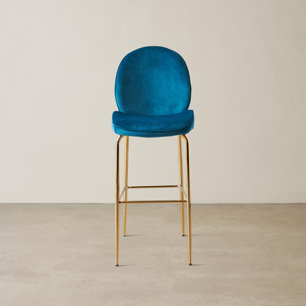 Betty II Peacock Blue Velvet Bar Stool - Gold Legs
