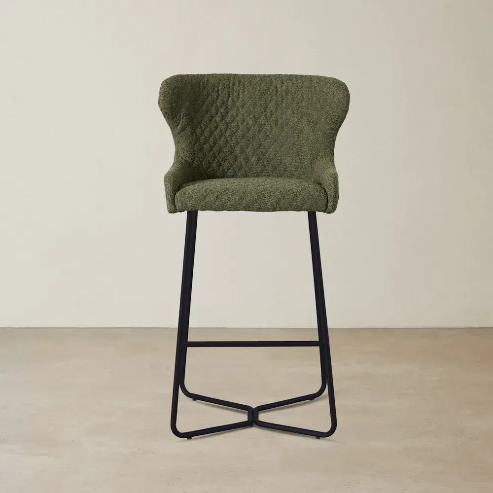 Quinn Olive Green Boucle Bar Stool - Black Legs