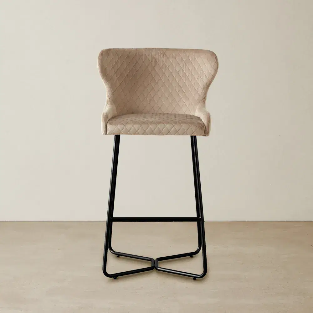 Quinn Beige Velvet Barstool - Black Legs