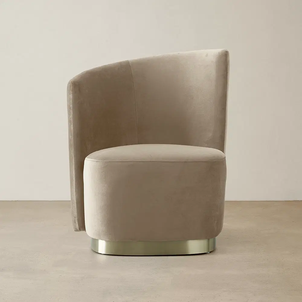 Reina Asymmetrical Beige Velvet Chair  - Brushed Champagne Gold Stainless Steel Legs Left Apex