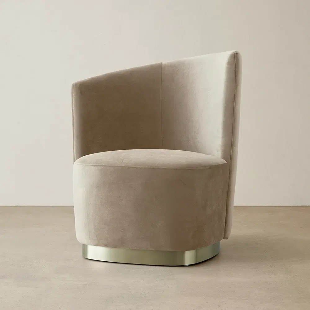 Reina Asymmetrical Beige Velvet Chair  - Brushed Champagne Gold Stainless Steel Legs Left Apex