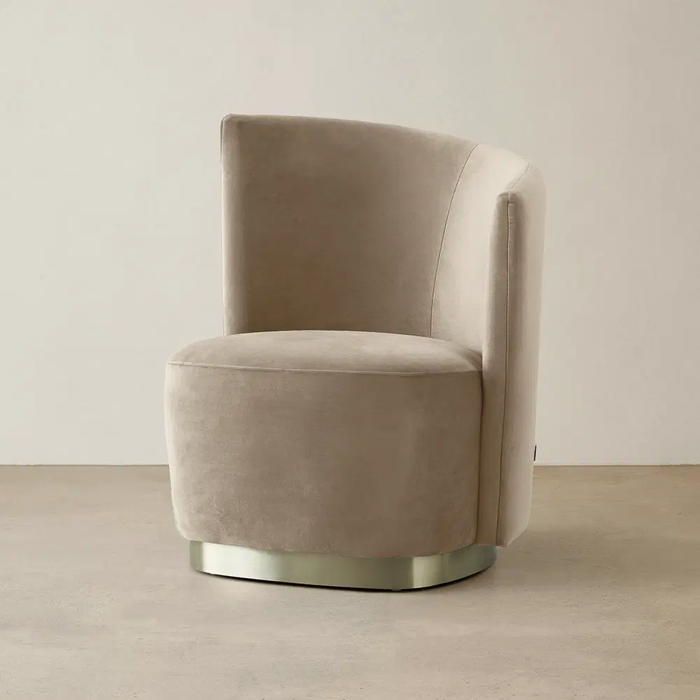 Reina Asymmetrical Beige Velvet Chair - Brushed Champagne Gold Stainless Steel Legs Right Apex