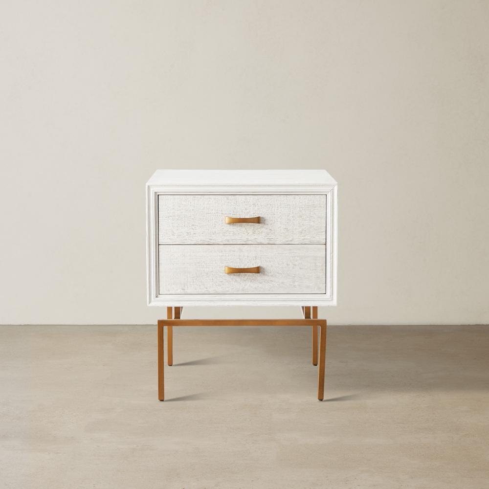Mackenzie White Wooden Bedside Table - Brass Coloured Handles