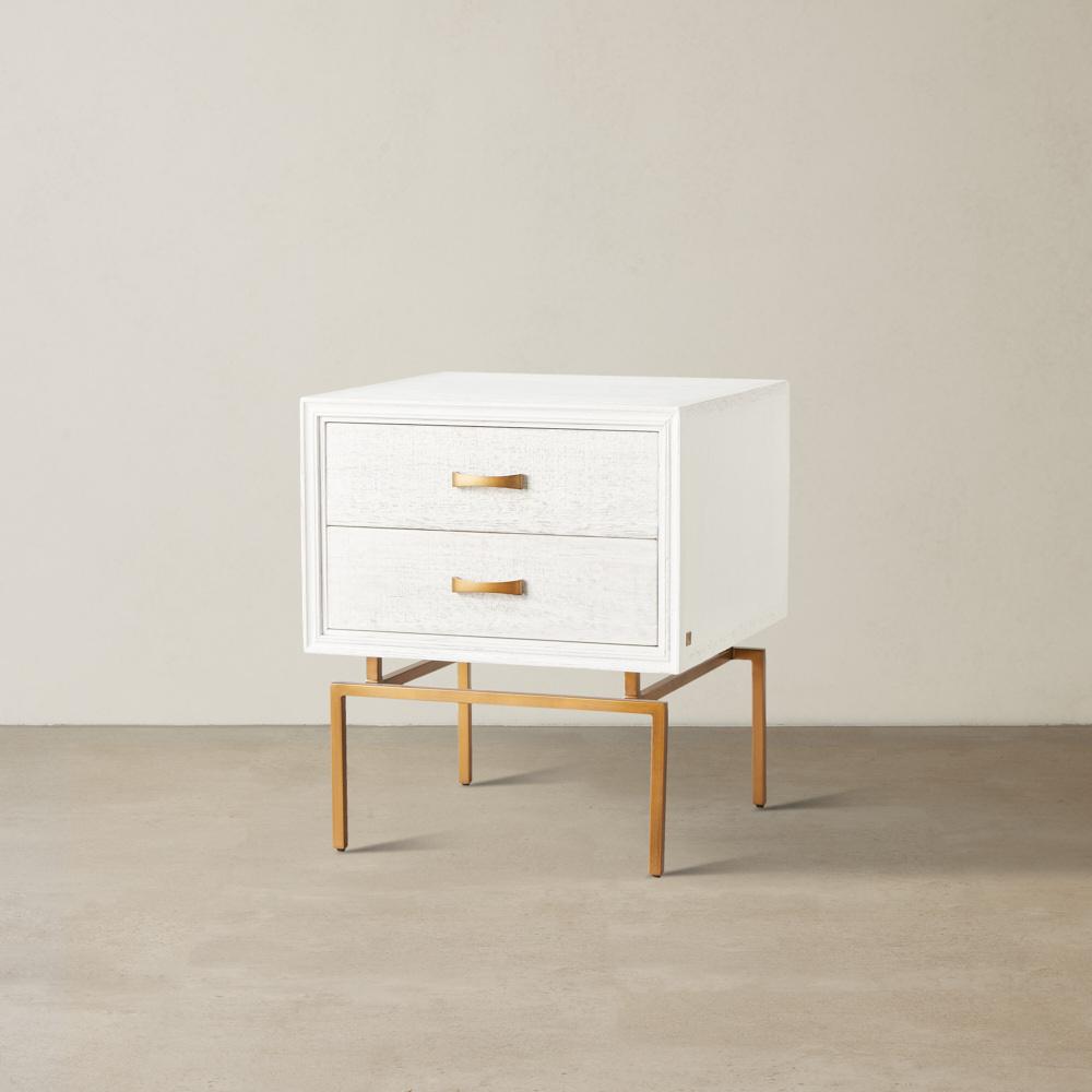 Mackenzie White Wooden Bedside Table - Brass Coloured Handles