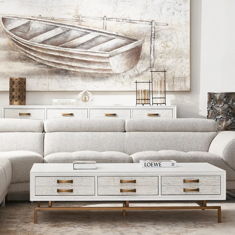 Mackenzie White Wooden Coffee Table - Brass Coloured Handles