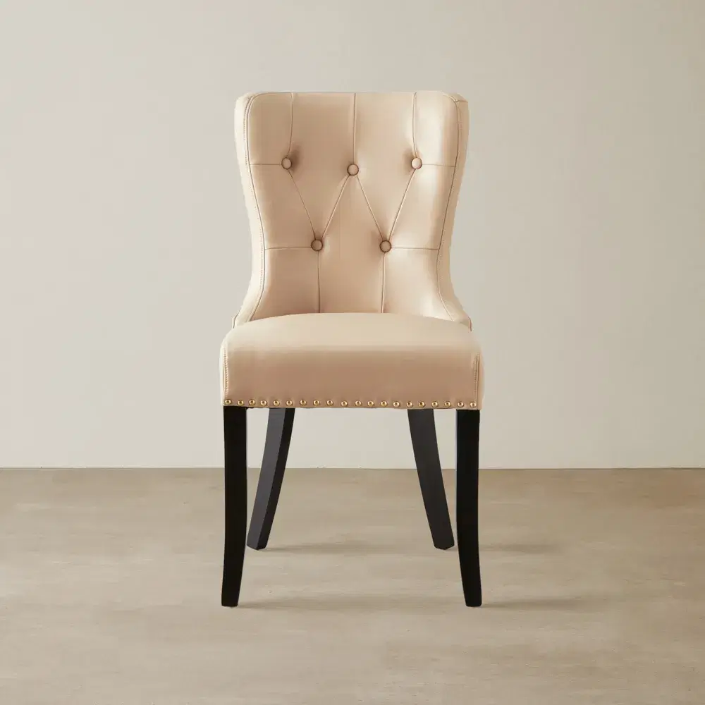 Viktor Sand Beige Vegan Leather Dining Chair - Gold Lionhead Pull