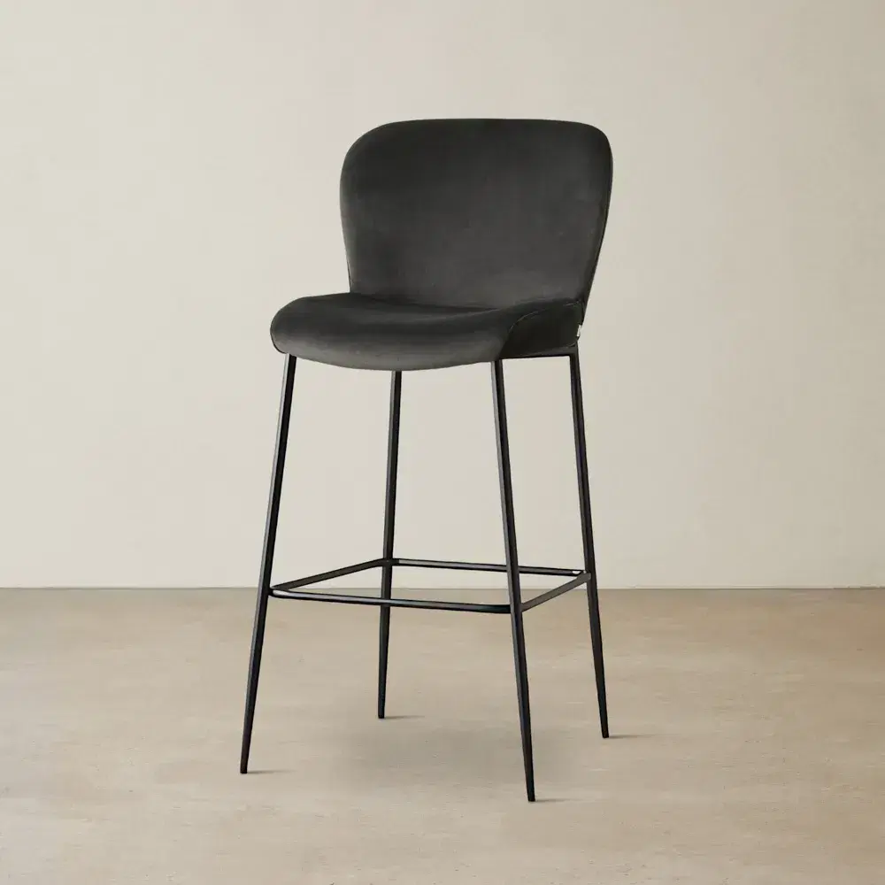 Hailey Charcoal Velvet Bar Stool - Black Metal Legs 