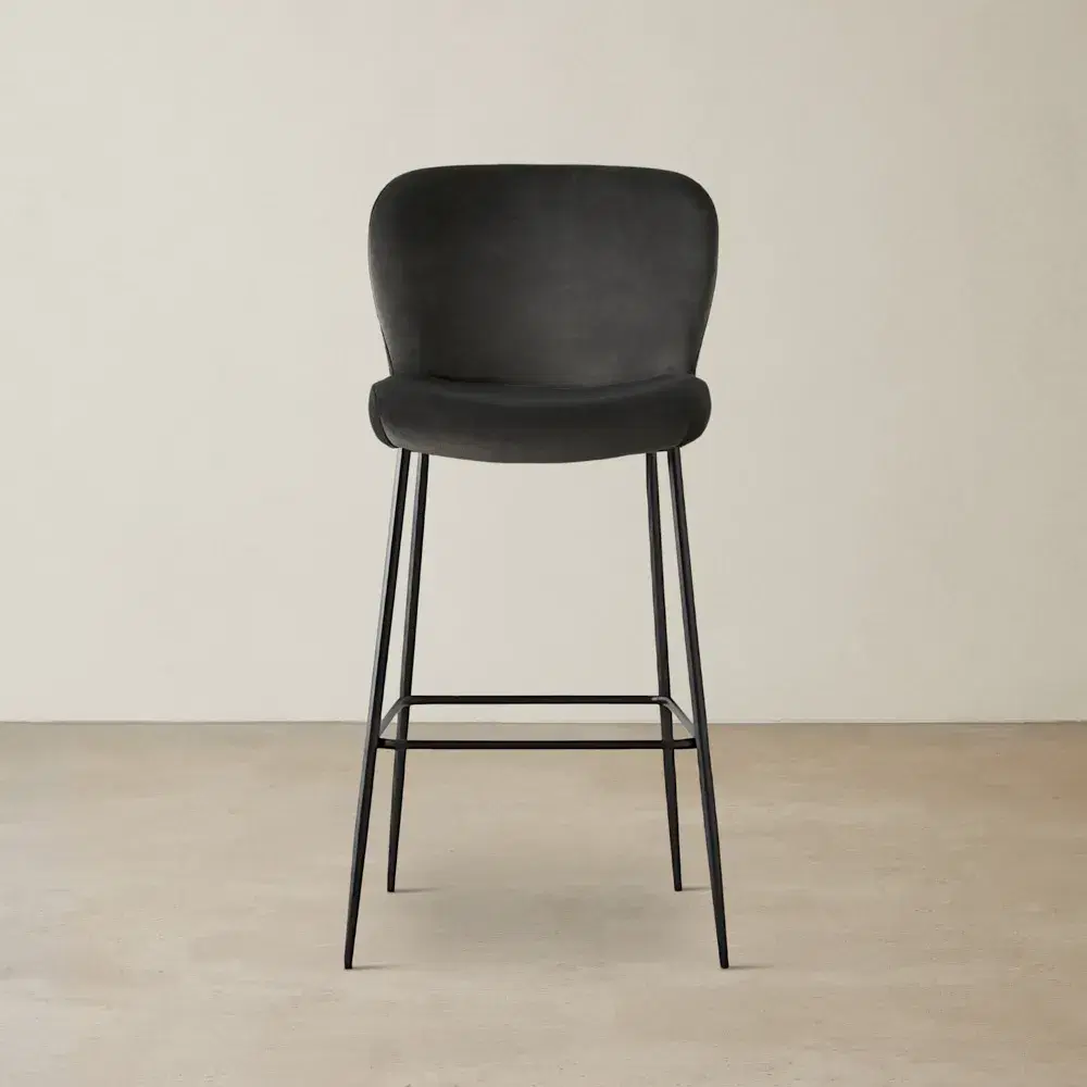 Hailey Charcoal Velvet Bar Stool - Black Metal Legs 