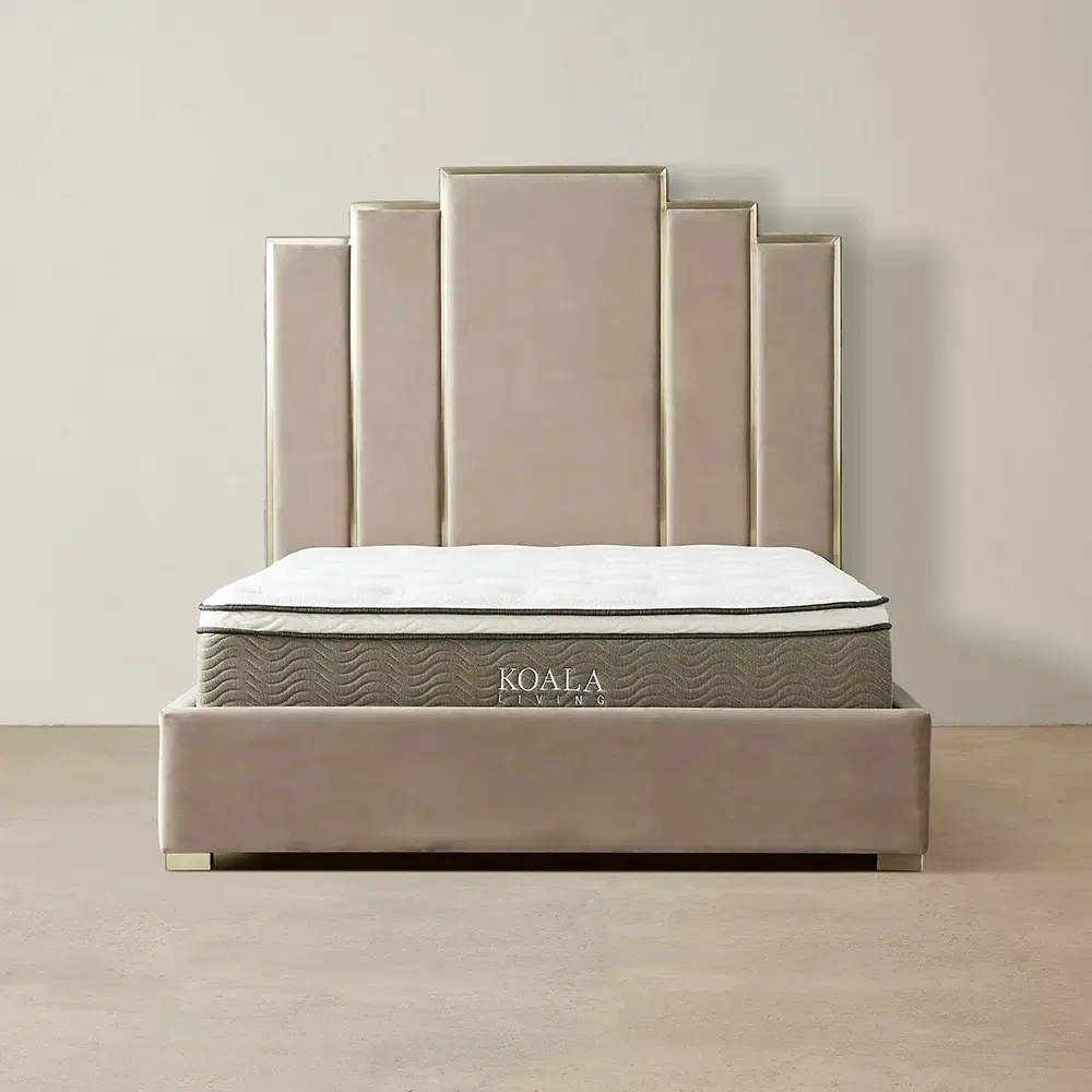 Jacques Beige Velvet King Bed-Brushed Champagne Gold Frame