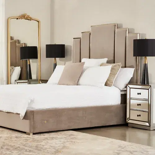 Jacques Beige Velvet King Bed-Brushed Champagne Gold Frame