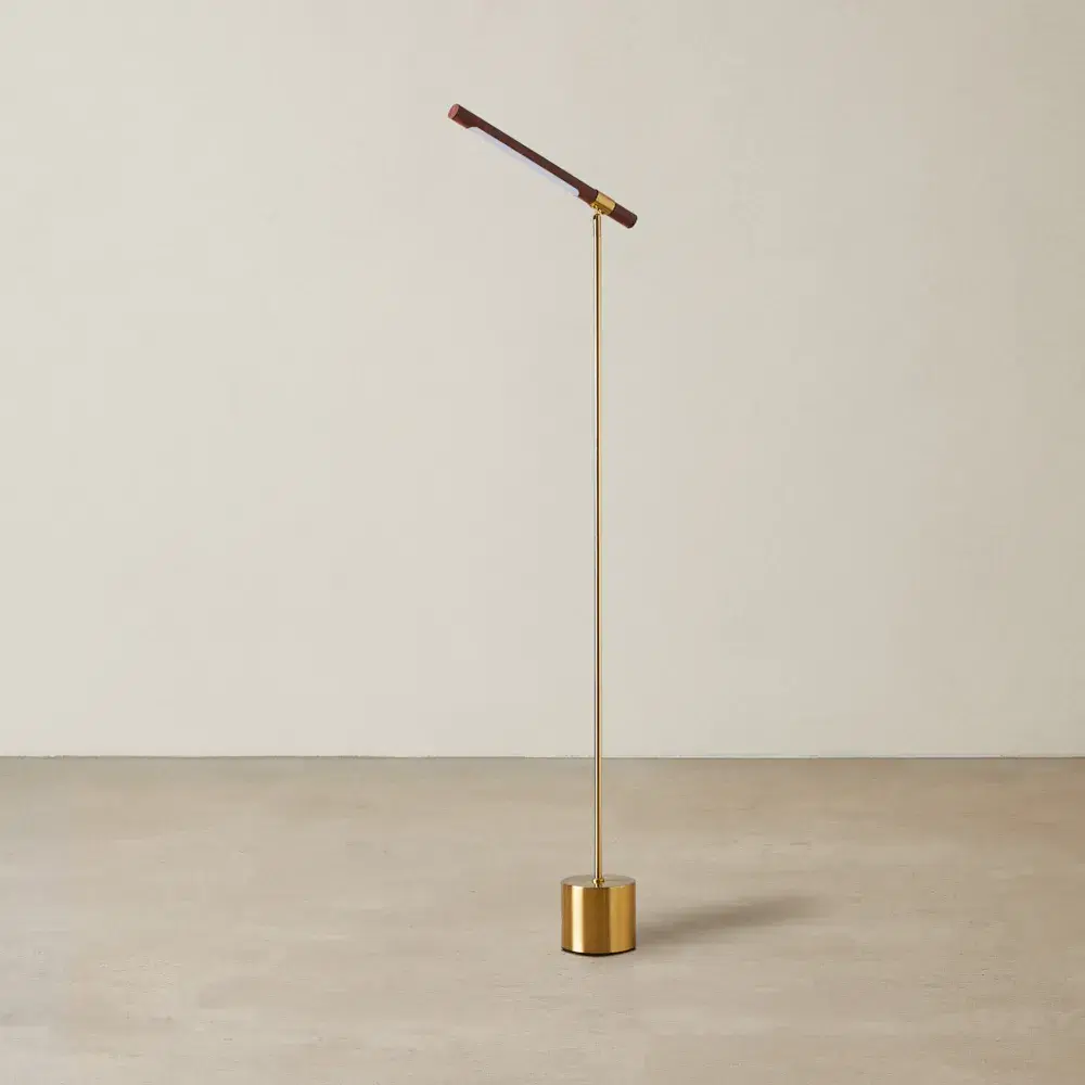 Kaia Brushed Gold Metal Floor Lamp Walnut Metal Shade