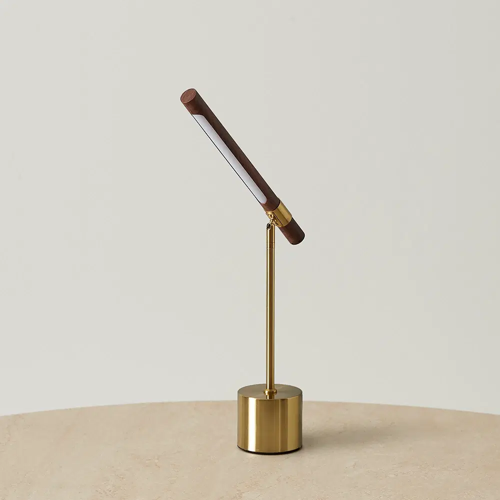 Kaia Brushed Gold Metal Table Lamp Walnut Metal Shade