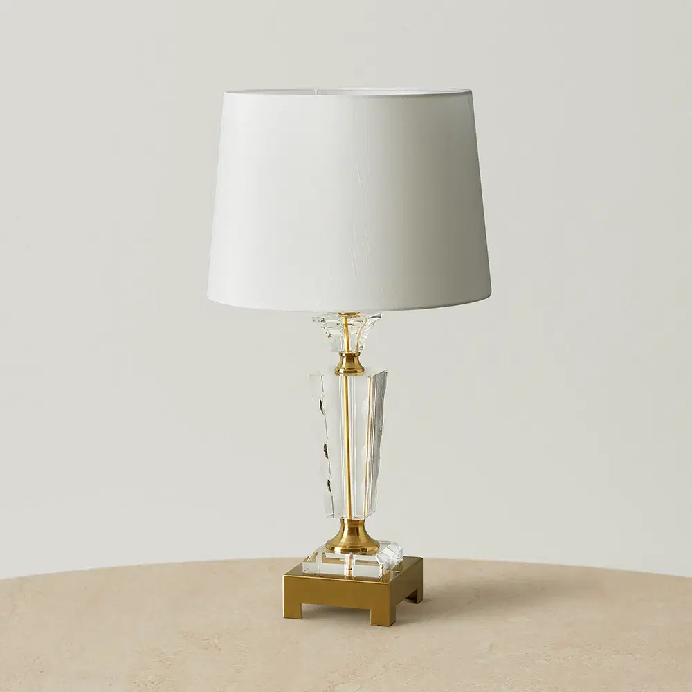 Chic Crystal II Antique Brass Metal Table Lamp - White Linen Lamp Shade