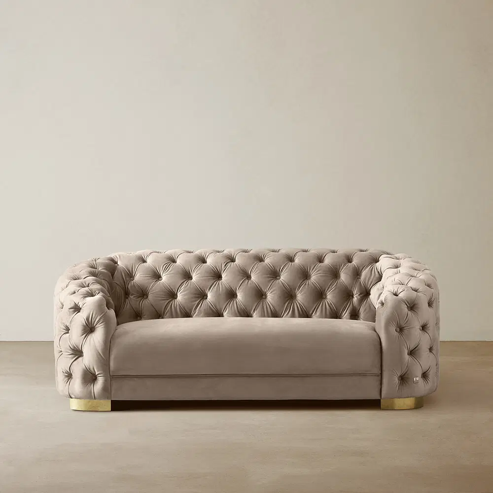 Kelly Beige Velvet 2-Seater Sofa - Gold Legs