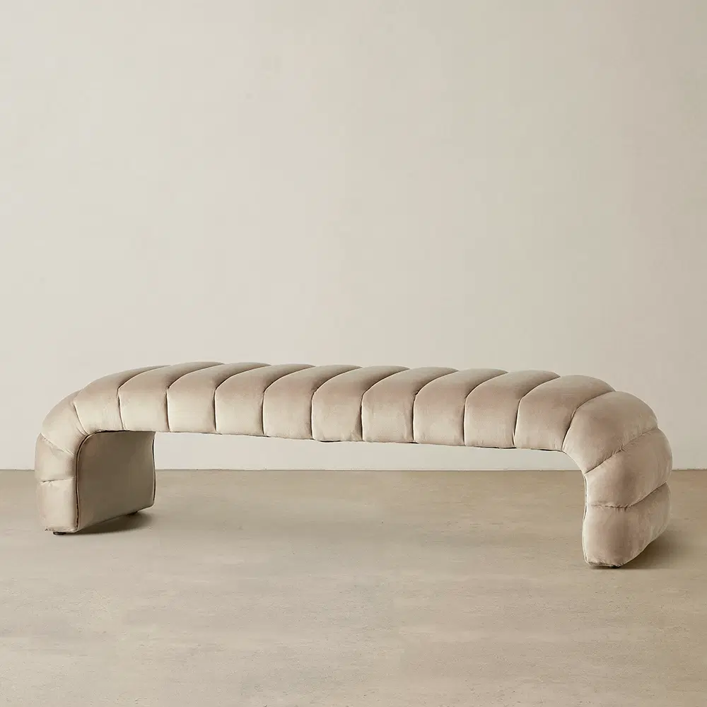 Annika Beige Velvet Curved Ottoman