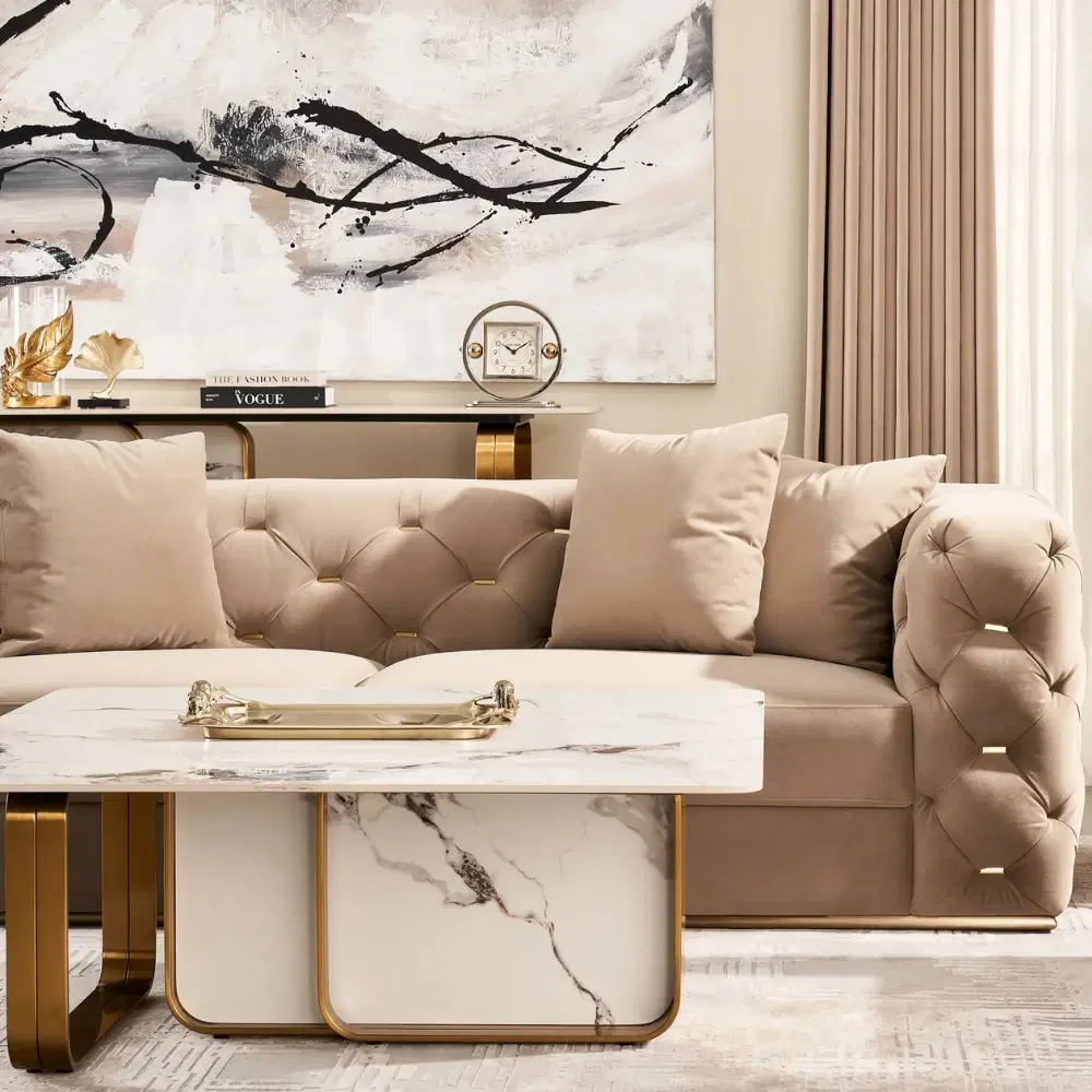 Marbella Cold Calacatta White Sintered Stone Coffee Table - Brushed Gold Frame