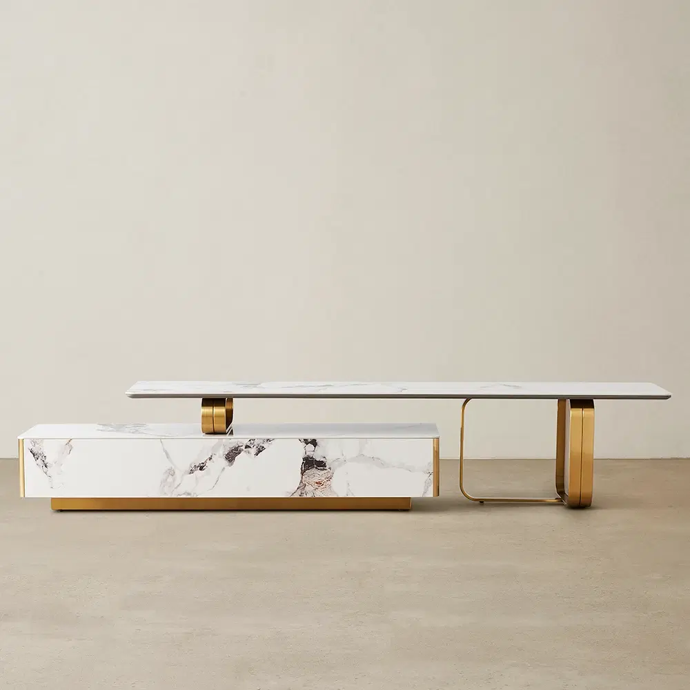 Marbella Cold Calacatta White Sintered Stone Entertainment Unit - Brushed Gold Frame