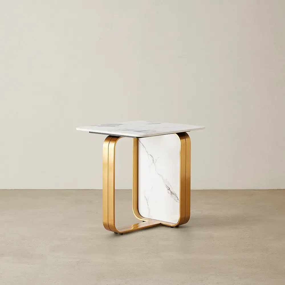 Marbella Cold Calacatta White Sintered Stone Side Table - Brushed Gold Frame