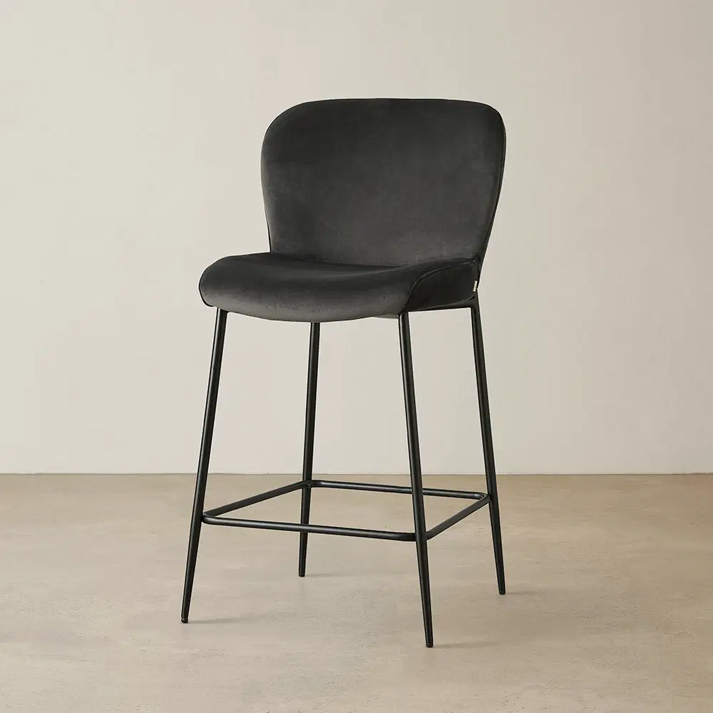 Hailey Charcoal Velvet 67cm Counter Stool - Black Metal Legs