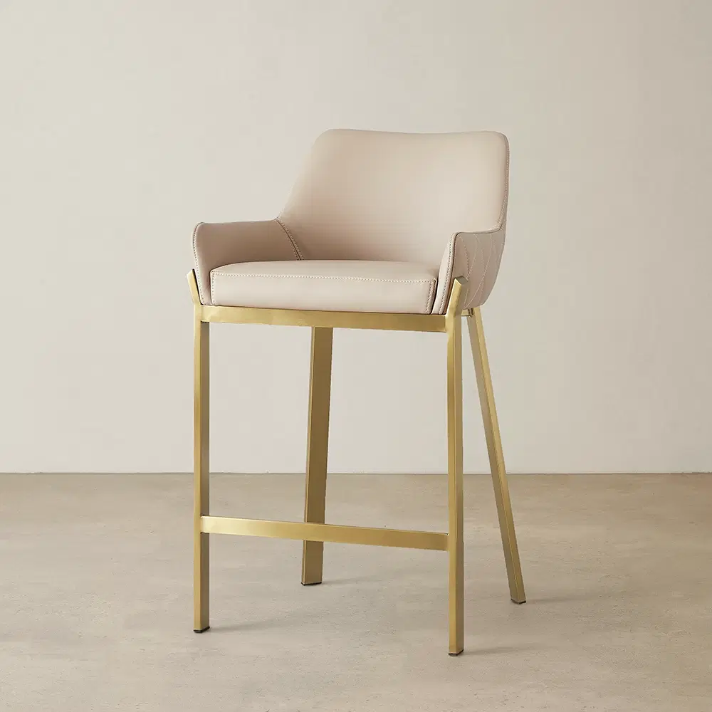 Arya II Sand Beige Vegan Leather 67cm Counter Stool - Brushed Gold Metal Legs