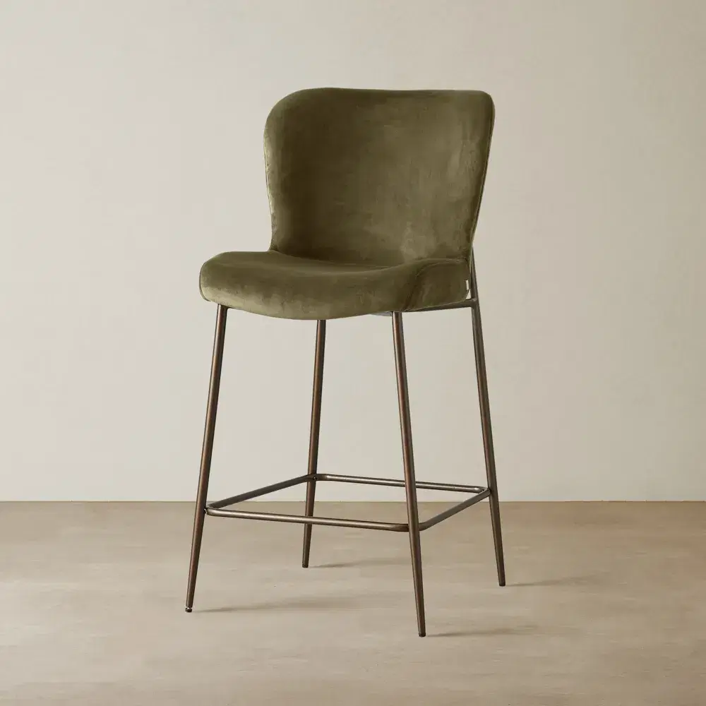 Hailey Olive Green Velvet 67 cm Counter Stool - Brushed Bronze Legs