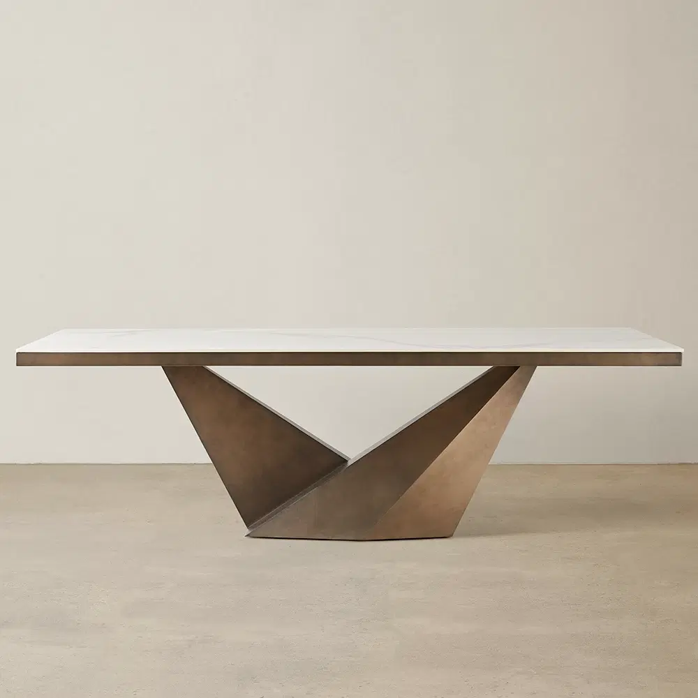 Vania White Sintered Stone Dining Table - Brushed Bronze Legs