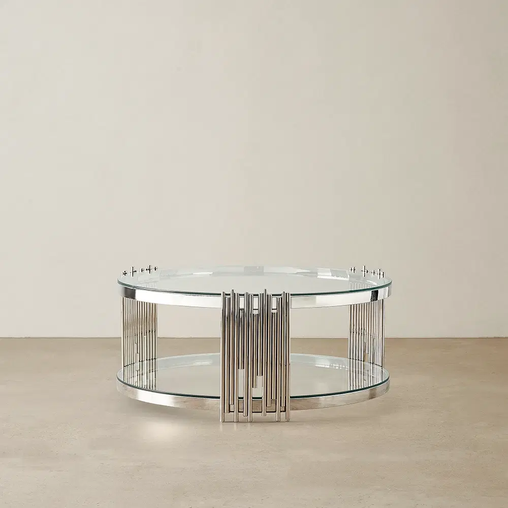 Lindsay Polished Stainless Steel Round Coffee Table - Clear Glass Top