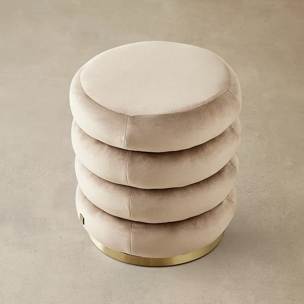 Megan Beige Velvet 40cm Round Ottoman