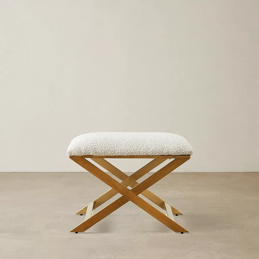 Elle Cream Boucle Ottoman - Brushed Gold Stainless Steel Legs