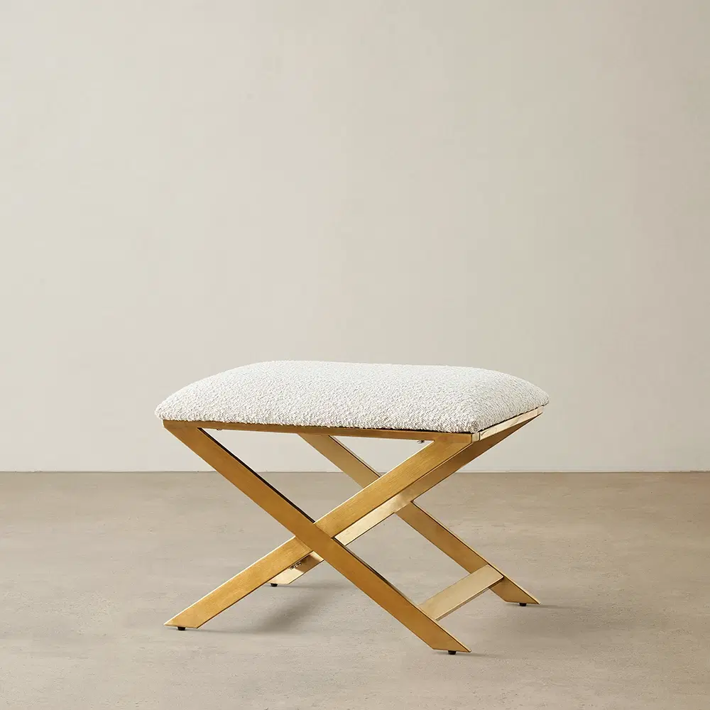 Elle Cream Boucle Ottoman - Brushed Gold Stainless Steel Legs