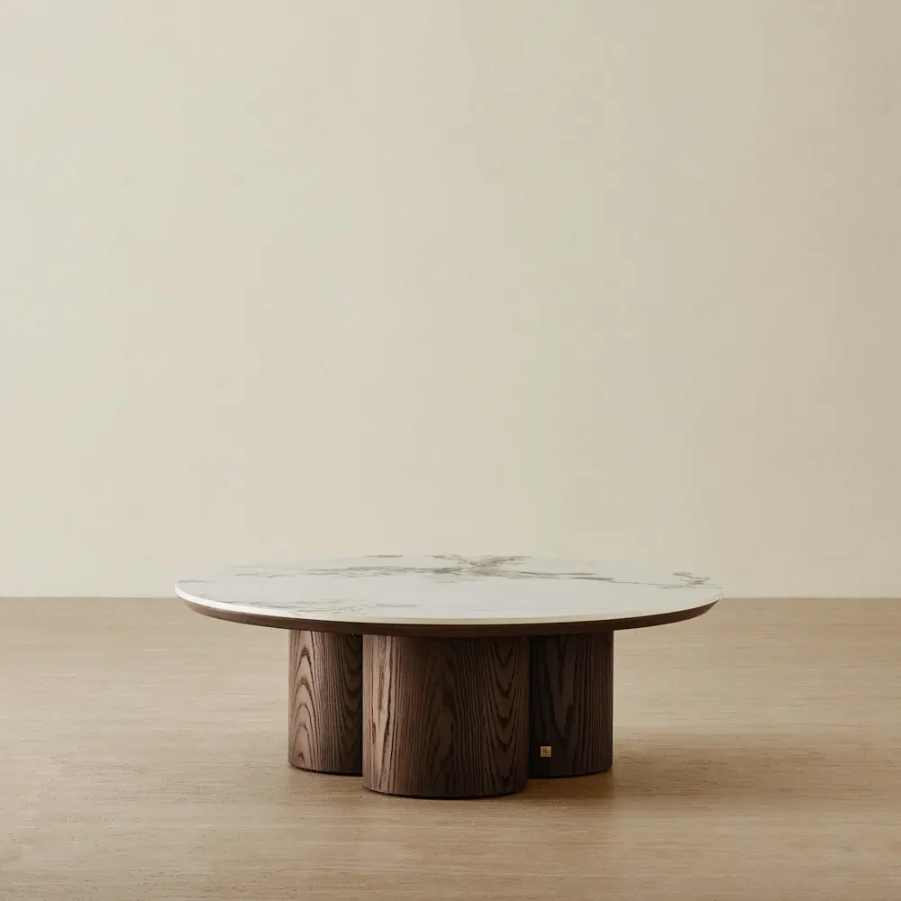 Terzetto Pandora Brown Sintered Stone Round Coffee Table Low - Dark Brown Ash Legs